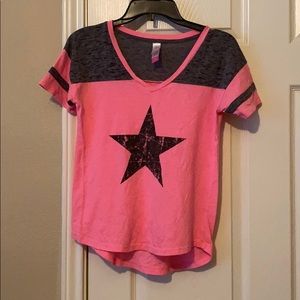 Light pink and gray shirt.